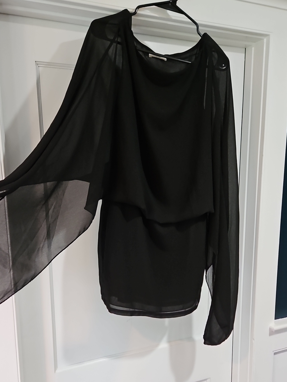 Musera Black Chiffon Cape Sleeve Draped Mini Dress - Size Small